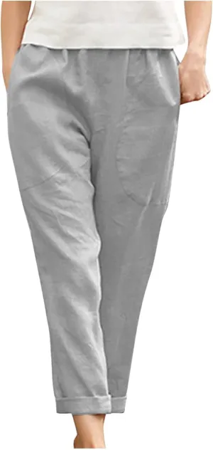 Women's Cotton Linen Pants Casual Summer Capris Elastic Waist Straight Wide Leg Loose Cropped Trousers with Pockets