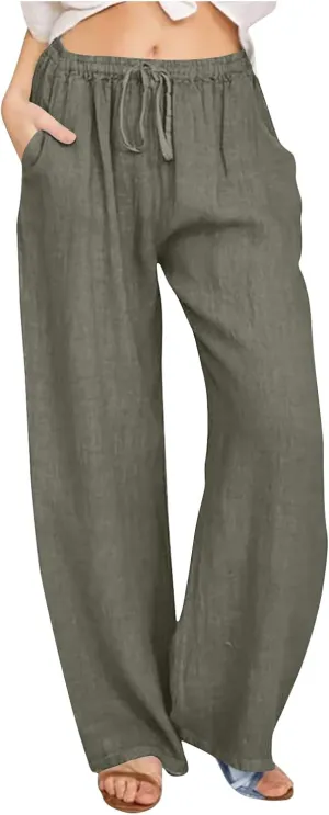 Women's Cotton Linen Pants High Waisted Wide Leg Pants Summer Casual Loose Fit Long Lounge Trousers with Pockets