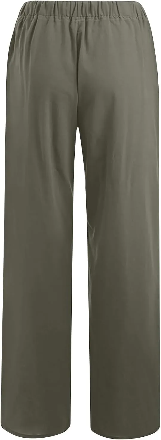 Women's Cotton Linen Pants High Waisted Wide Leg Pants Summer Casual Loose Fit Long Lounge Trousers with Pockets