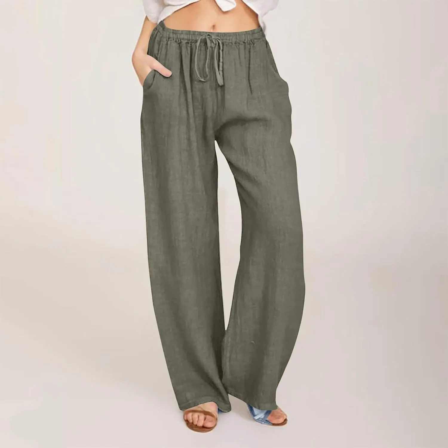 Women's Cotton Linen Pants High Waisted Wide Leg Pants Summer Casual Loose Fit Long Lounge Trousers with Pockets