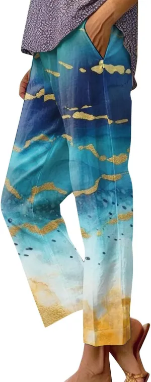 Womens Cotton Linen Pants Loose Summer Casual Solid Color Straight Leg Beach High Waisted Linen Pants Comfy Lounge Trousers