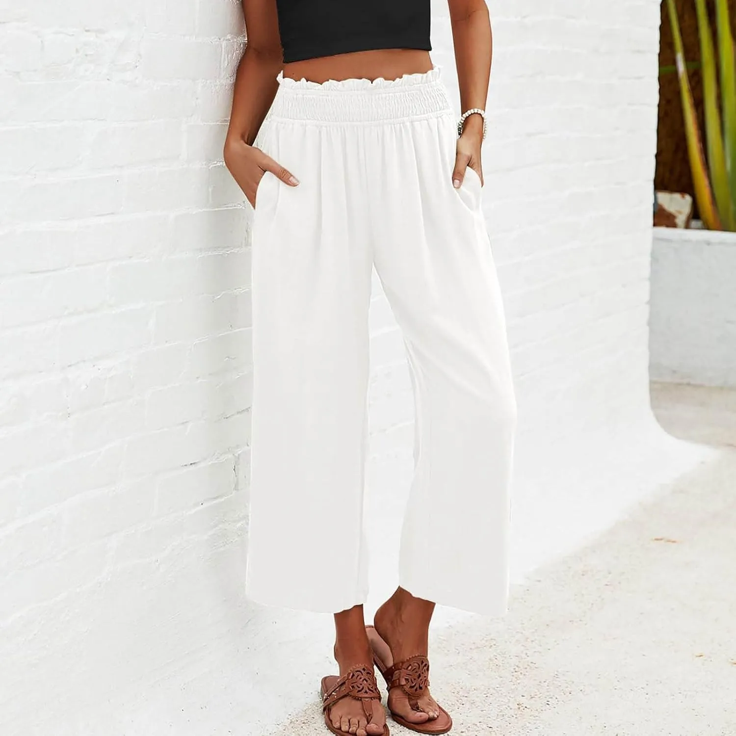 Women's Cotton Linen Pants Summer Solid Color Elastic Waist Capris with Pocket Outdoor Sports Palazzo Trousers 2025