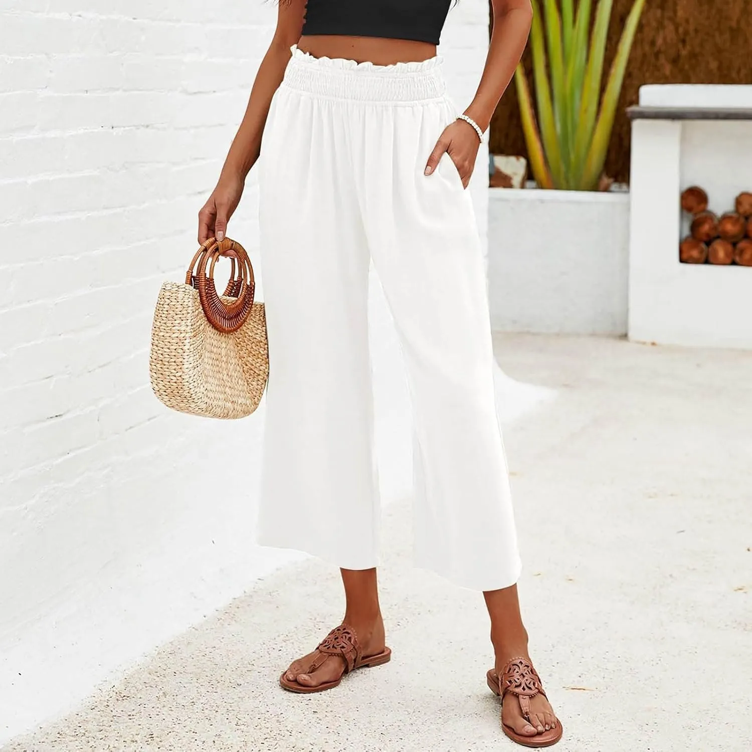 Women's Cotton Linen Pants Summer Solid Color Elastic Waist Capris with Pocket Outdoor Sports Palazzo Trousers 2025
