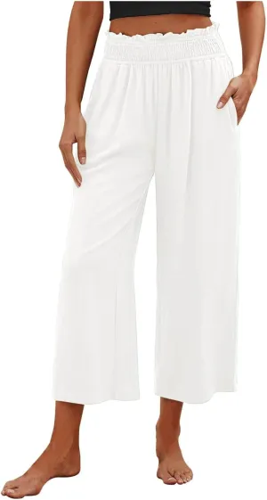 Women's Cotton Linen Pants Summer Solid Color Elastic Waist Capris with Pocket Outdoor Sports Palazzo Trousers 2025