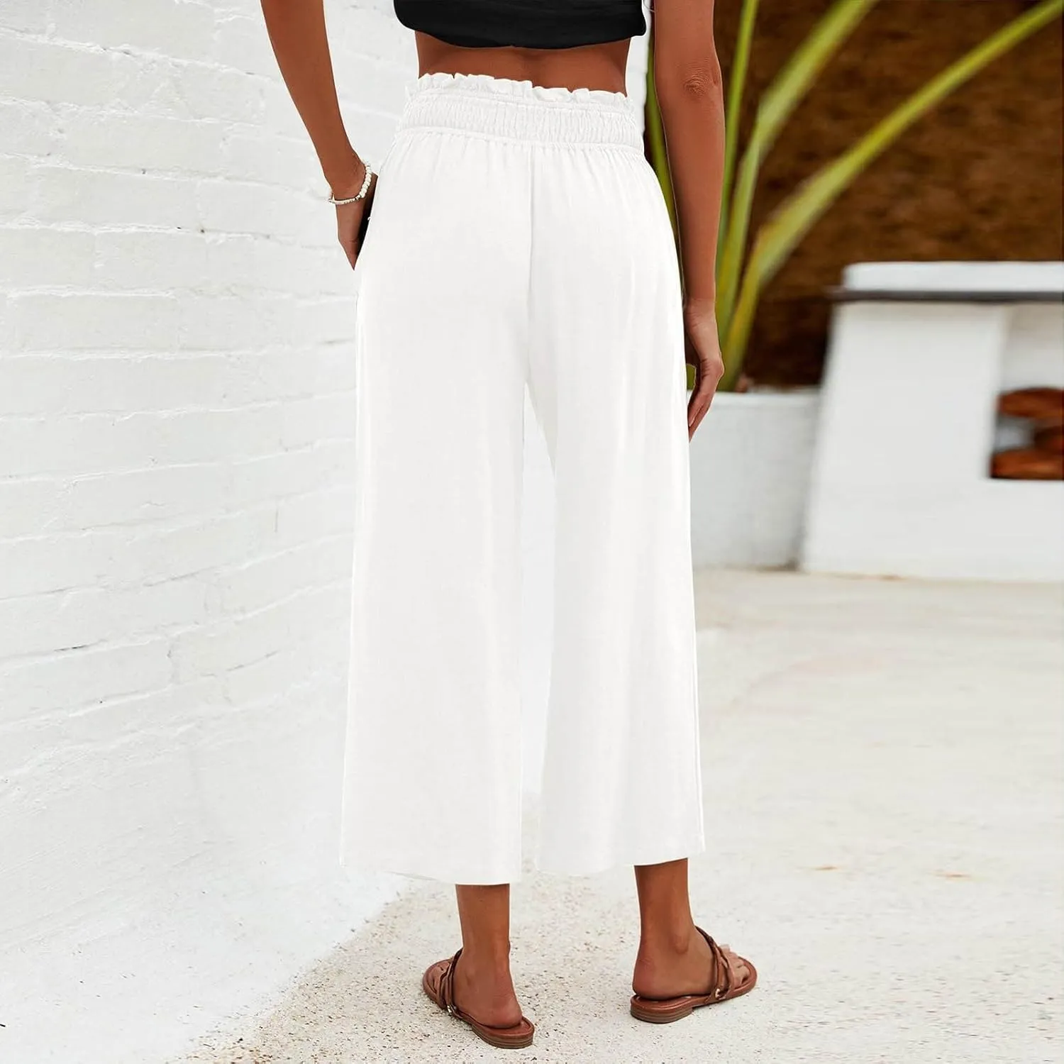 Women's Cotton Linen Pants Summer Solid Color Elastic Waist Capris with Pocket Outdoor Sports Palazzo Trousers 2025