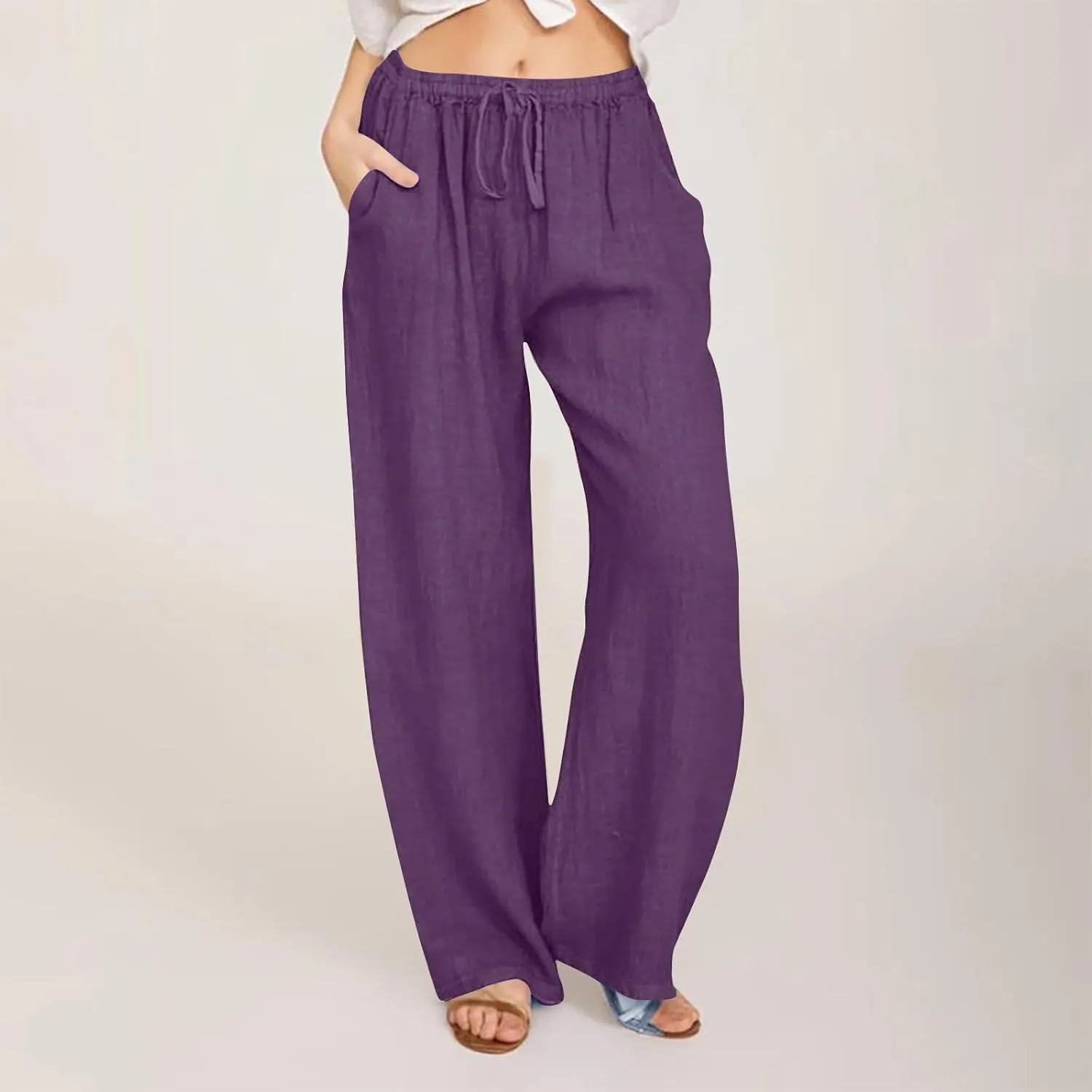 Women's Cotton Linen Pants Summer Wide Leg Pants High Waist Palazzo Pants Casual Loose Flowy Beach Trousers