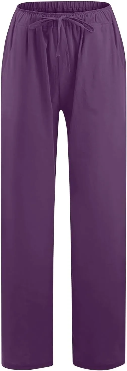 Women's Cotton Linen Pants Summer Wide Leg Pants High Waist Palazzo Pants Casual Loose Flowy Beach Trousers