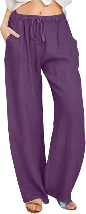 Women's Cotton Linen Pants Summer Wide Leg Pants High Waist Palazzo Pants Casual Loose Flowy Beach Trousers