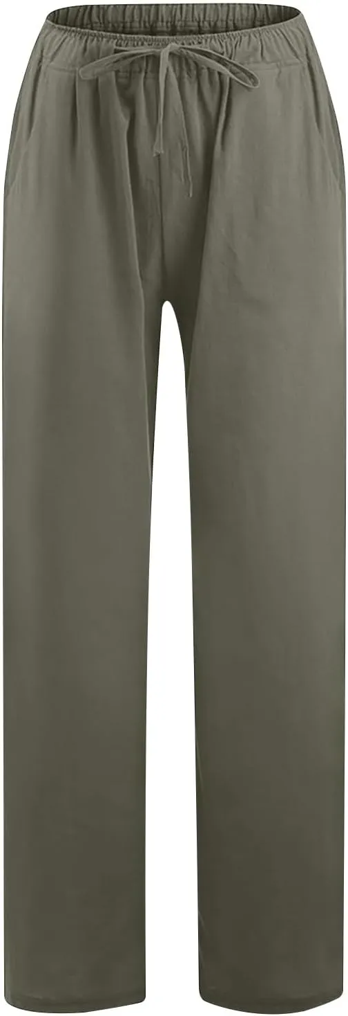 Women's Cotton Linen Pants Summer Wide Leg Pants High Waist Palazzo Pants Casual Loose Flowy Beach Trousers