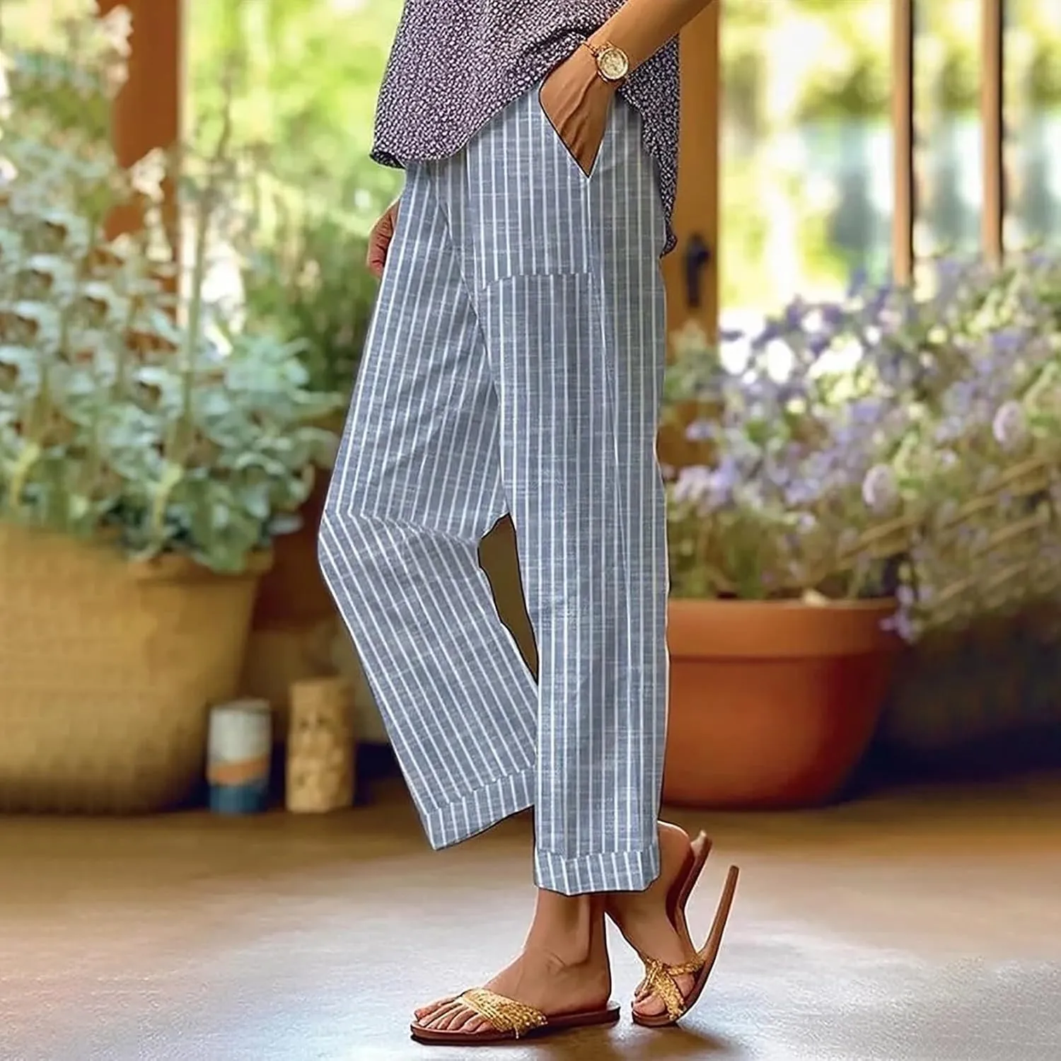 Womens Cotton Linen Pants with Pockets Floral Elastic Waisted Trousers Beach Summer Linen Petite Pants 2025
