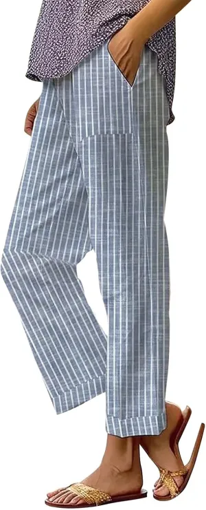 Womens Cotton Linen Pants with Pockets Floral Elastic Waisted Trousers Beach Summer Linen Petite Pants 2025
