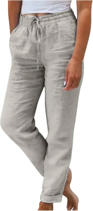 Women's Cotton Linen Rolled Hem Cropped Pants, Solid Color Drawstring Loose Casual Straight Leg Trousers with Pockets