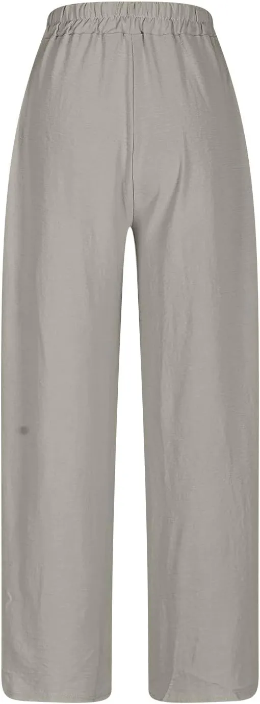 Women's Cotton Linen Rolled Hem Cropped Pants, Solid Color Drawstring Loose Casual Straight Leg Trousers with Pockets