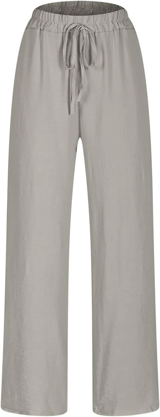 Women's Cotton Linen Rolled Hem Cropped Pants, Solid Color Drawstring Loose Casual Straight Leg Trousers with Pockets