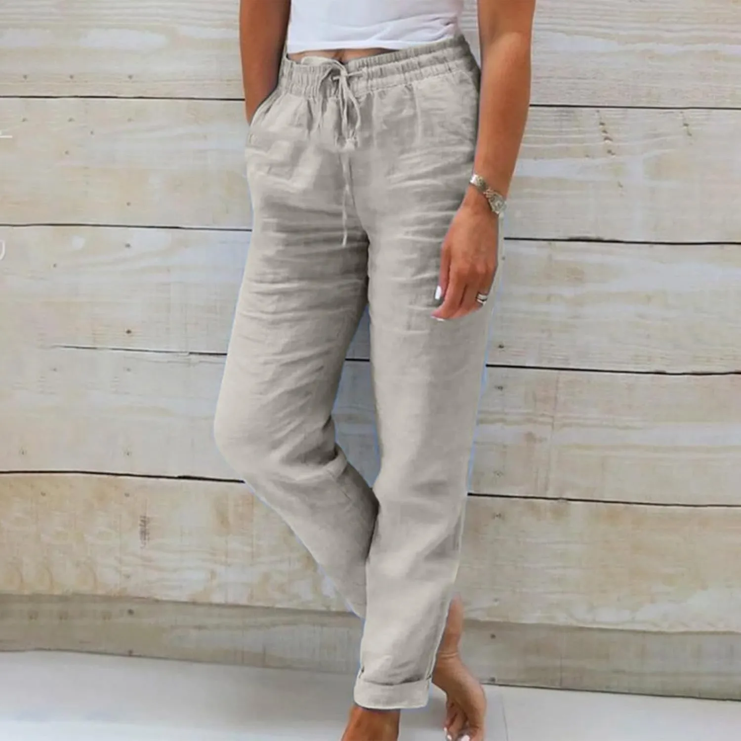 Women's Cotton Linen Rolled Hem Cropped Pants, Solid Color Drawstring Loose Casual Straight Leg Trousers with Pockets