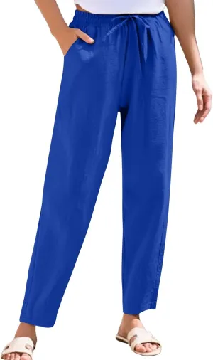 Women's Cotton Linen Straight Leg Pants Summer Wide Leg Business High Waisted Long Beach Trousers with Pockets