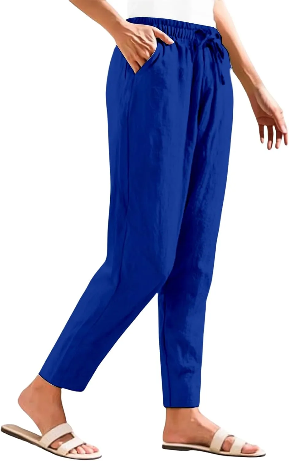 Women's Cotton Linen Straight Leg Pants Summer Wide Leg Business High Waisted Long Beach Trousers with Pockets