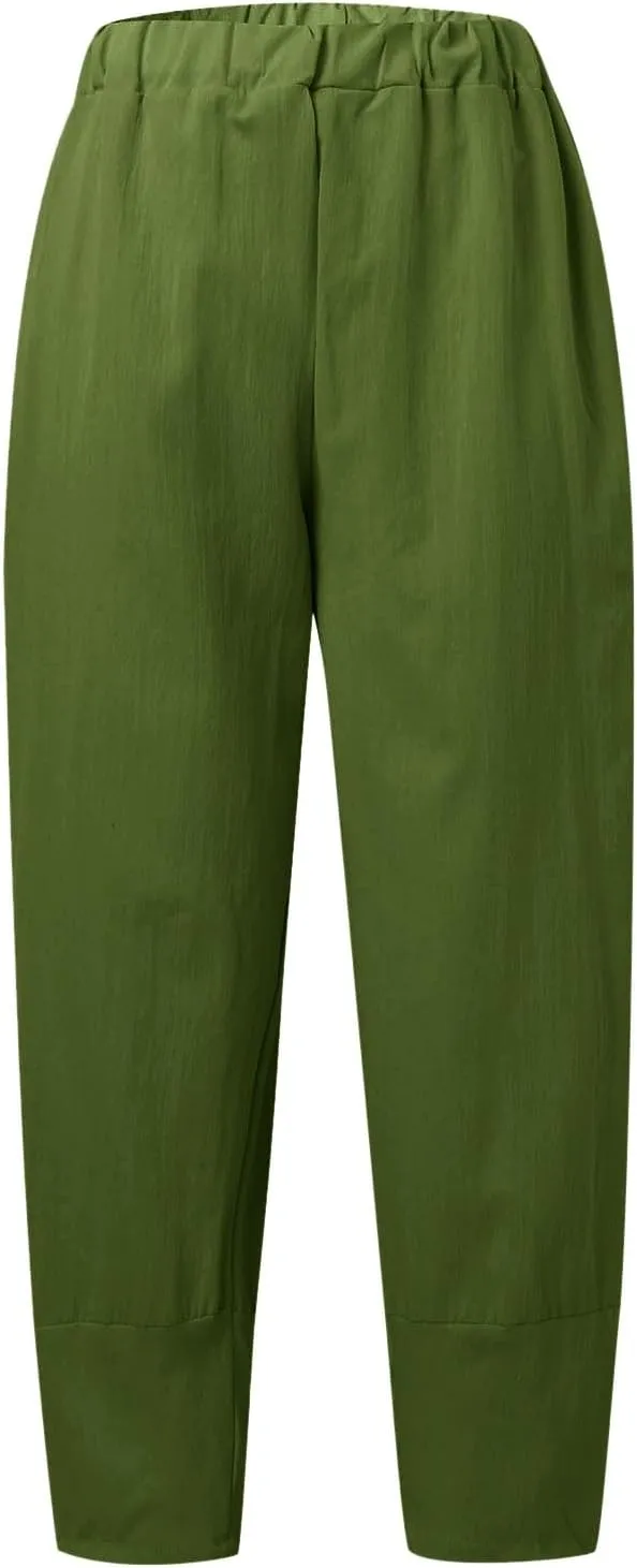 Womens Cotton Linen Summer Baggy Palazzo Lounge Pants Elastic Waist Bootcut Loose Fit Pants Business Work