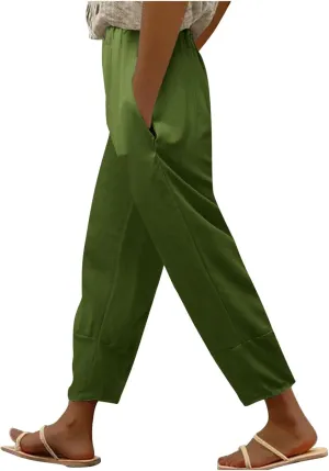 Womens Cotton Linen Summer Baggy Palazzo Lounge Pants Elastic Waist Bootcut Loose Fit Pants Business Work