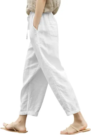 Womens Cotton Linen Summer Boho Palazzo Lounge Pants Low Waist Stretchy Loose Fit Trouser Office
