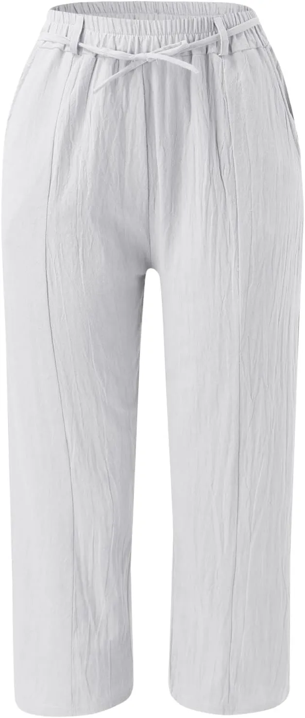 Womens Cotton Linen Summer Boho Palazzo Lounge Pants Low Waist Stretchy Loose Fit Trouser Office