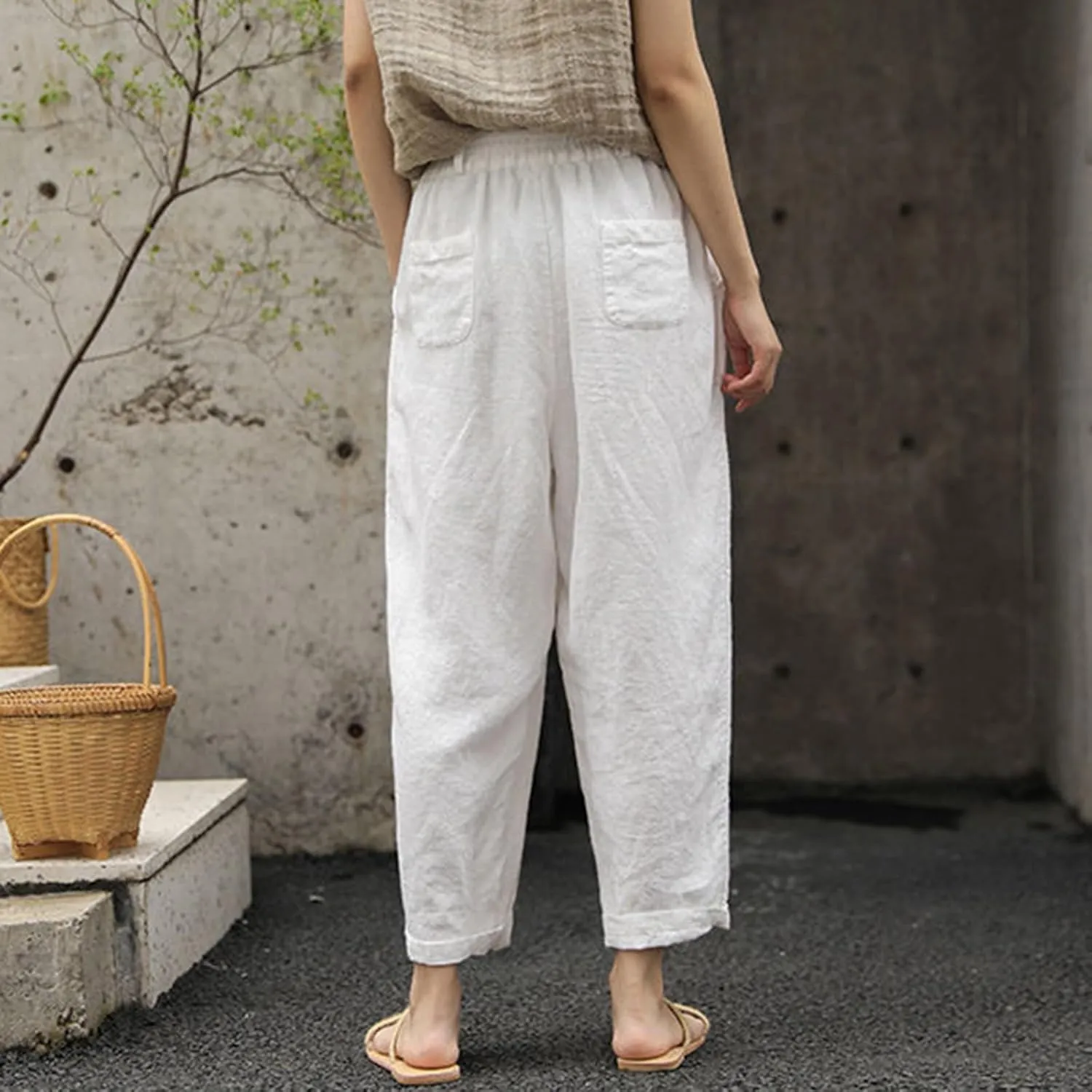 Womens Cotton Linen Summer Boho Palazzo Lounge Pants Low Waist Stretchy Loose Fit Trouser Office