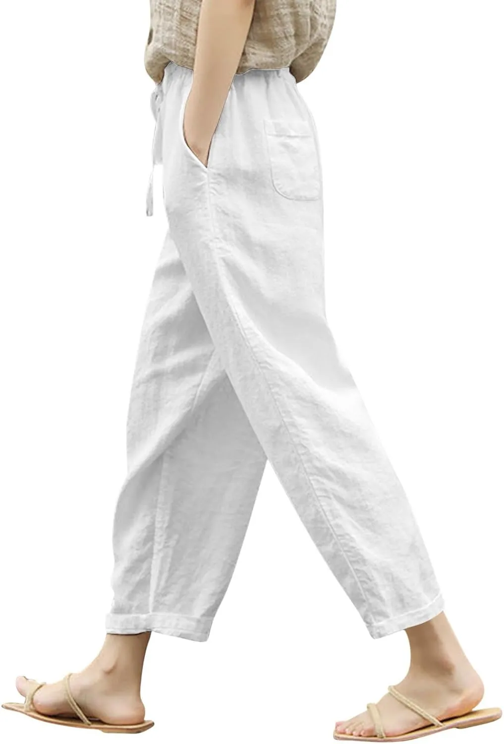Womens Cotton Linen Summer Boho Palazzo Lounge Pants Low Waist Stretchy Loose Fit Trouser Office