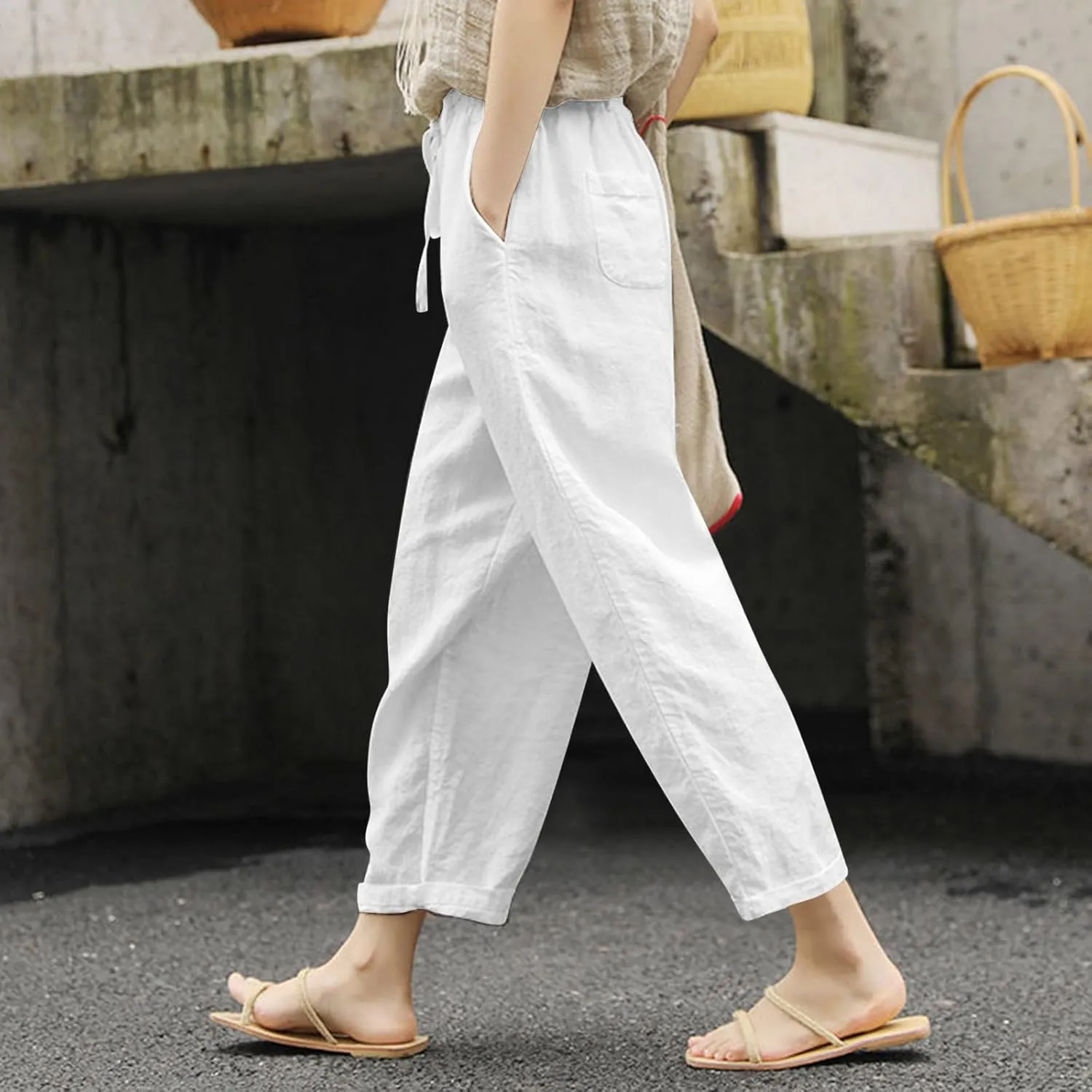 Womens Cotton Linen Summer Boho Palazzo Lounge Pants Low Waist Stretchy Loose Fit Trouser Office
