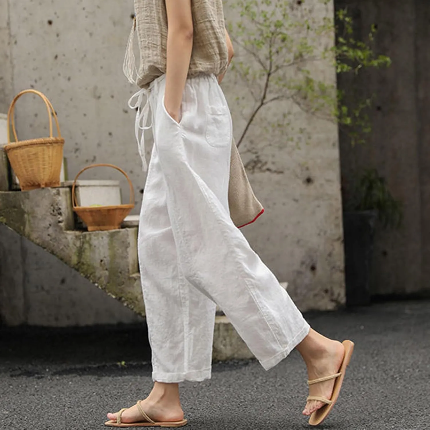 Womens Cotton Linen Summer Boho Palazzo Lounge Pants Low Waist Stretchy Loose Fit Trouser Office