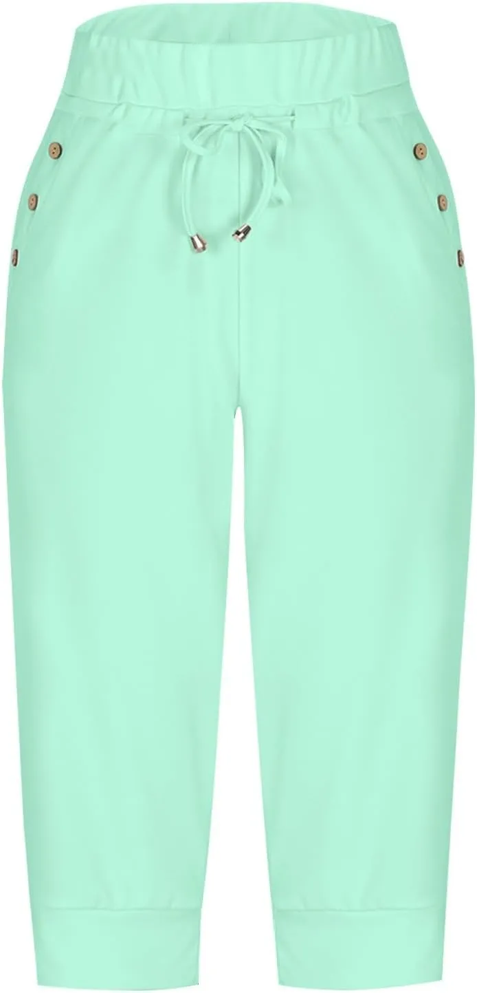 Women's Cotton Linen Summer Casual Palazzo Pants Elastic Waisted Wide Leg Plus Size Trousers Work Business