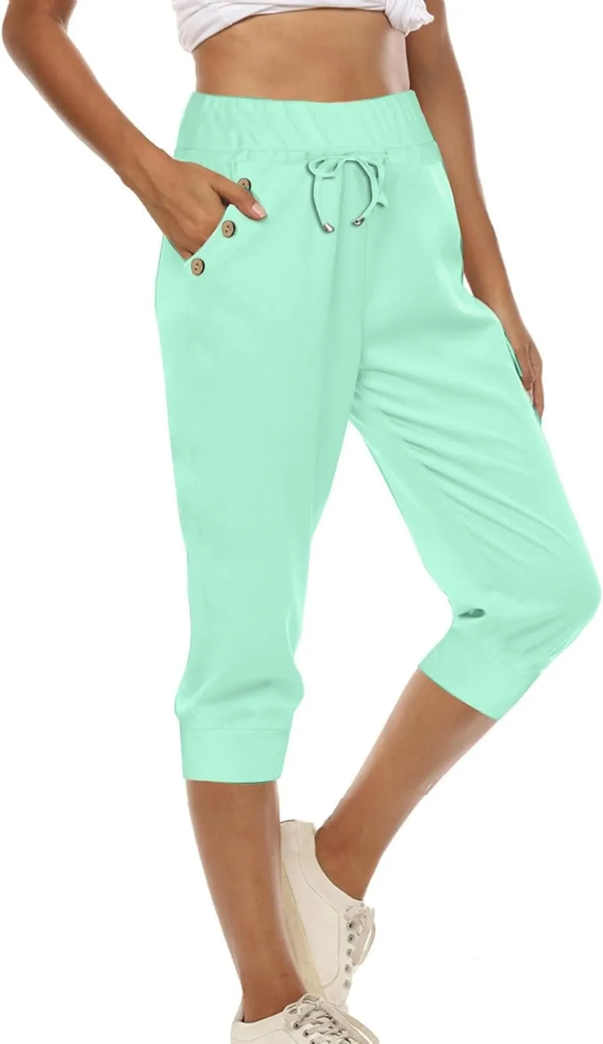 Women's Cotton Linen Summer Casual Palazzo Pants Elastic Waisted Wide Leg Plus Size Trousers Work Business