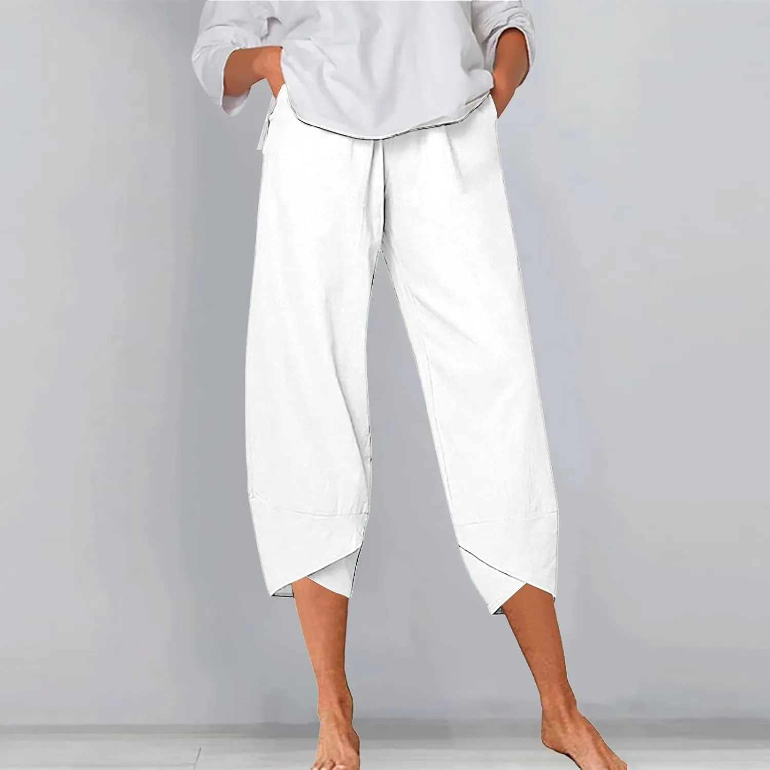 Women's Cotton Linen Summer Comfy Pant Trousers Elastic Waisted Wide Leg Slim-Fit Trousers Business Work