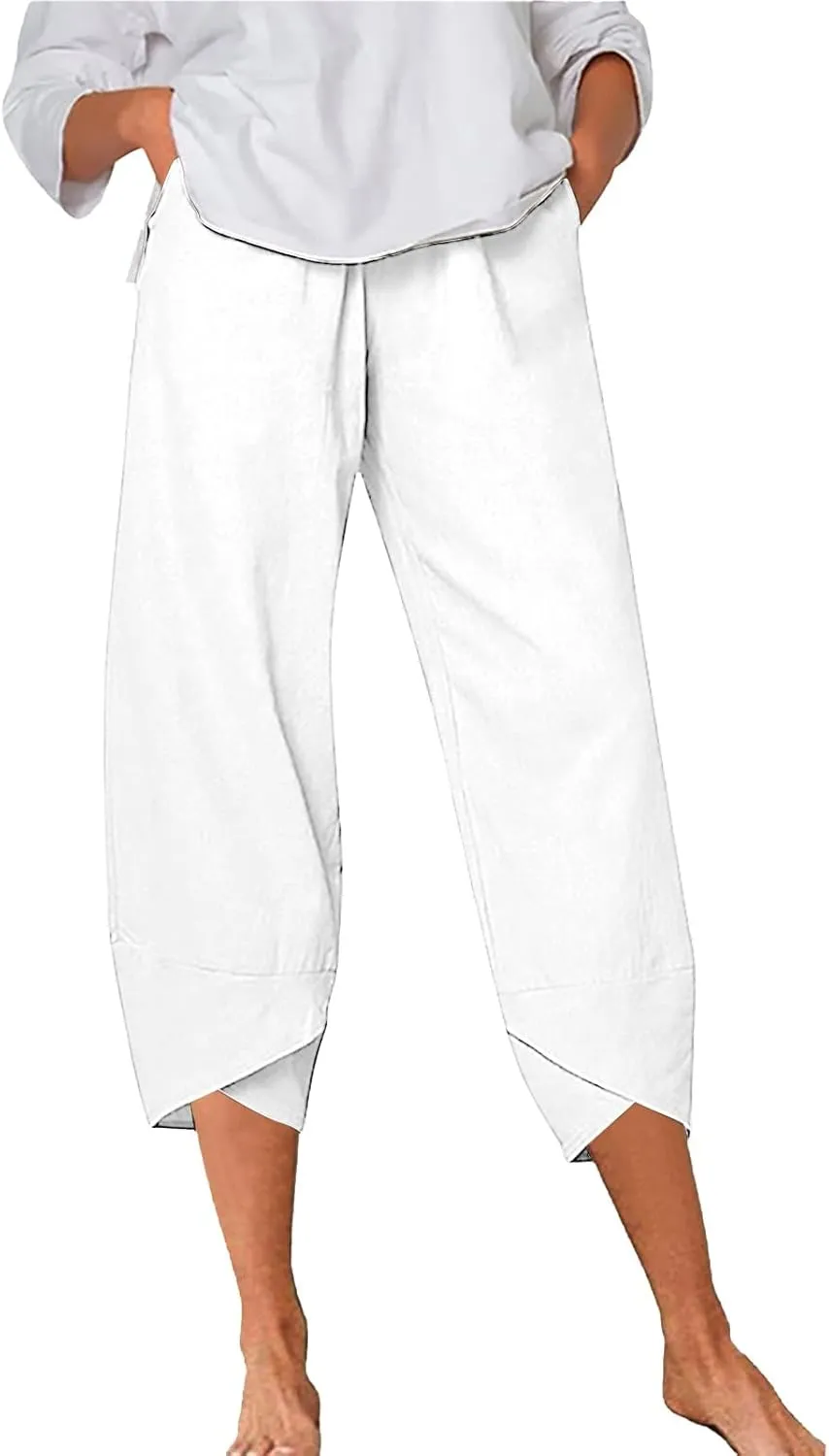 Women's Cotton Linen Summer Comfy Pant Trousers Elastic Waisted Wide Leg Slim-Fit Trousers Business Work