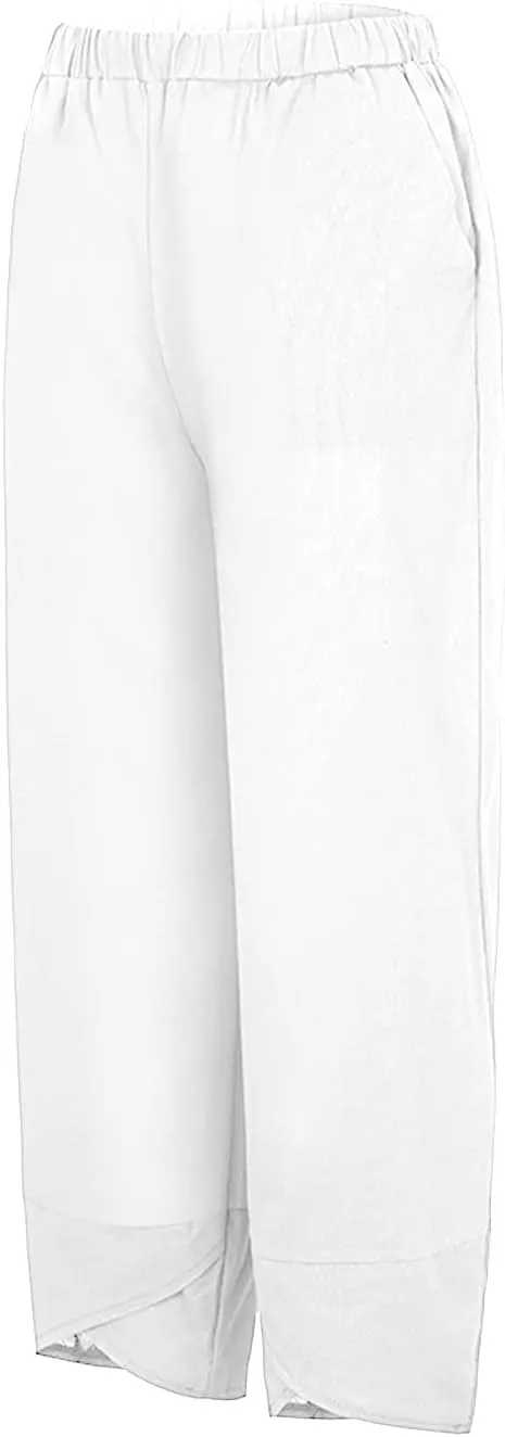 Women's Cotton Linen Summer Comfy Pant Trousers Elastic Waisted Wide Leg Slim-Fit Trousers Business Work