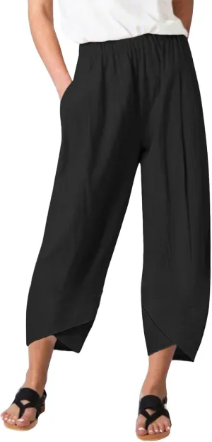 Women's Cotton Linen Summer Cropped Palazzo Pants Elastic Waisted Straight Plus Size Trouser Work Business