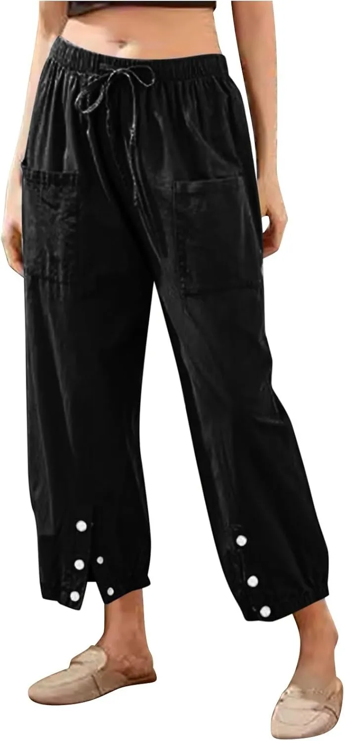 Womens Cotton Linen Summer Drawstring Palazzo Lounge Pants Low Waist Ankle Length Slim-Fit Trousers Trendy