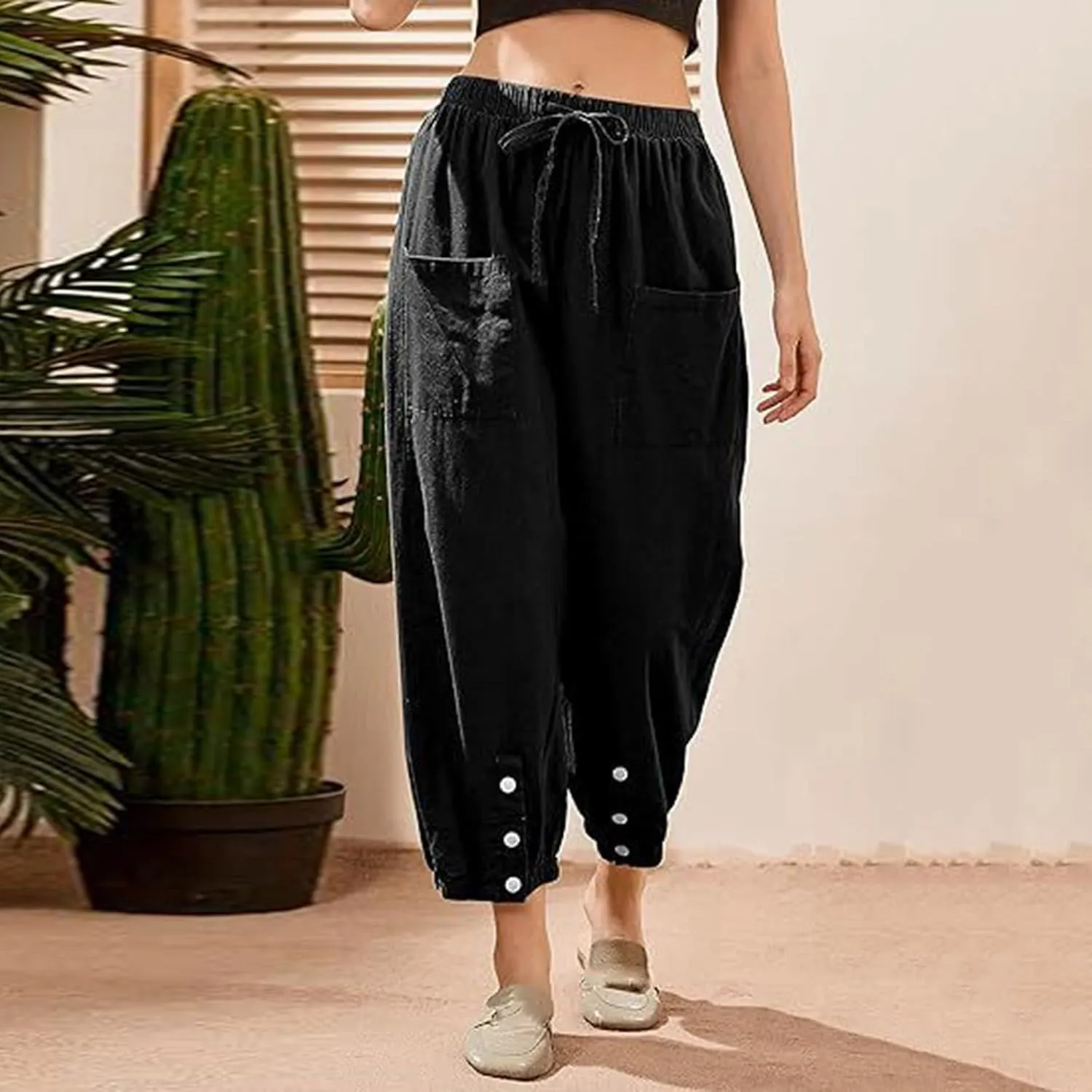 Womens Cotton Linen Summer Drawstring Palazzo Lounge Pants Low Waist Ankle Length Slim-Fit Trousers Trendy