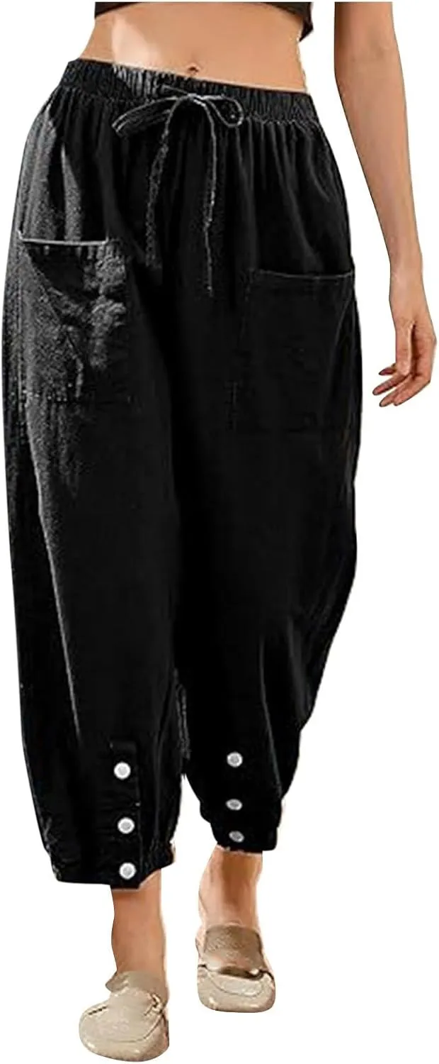 Womens Cotton Linen Summer Drawstring Palazzo Lounge Pants Low Waist Ankle Length Slim-Fit Trousers Trendy