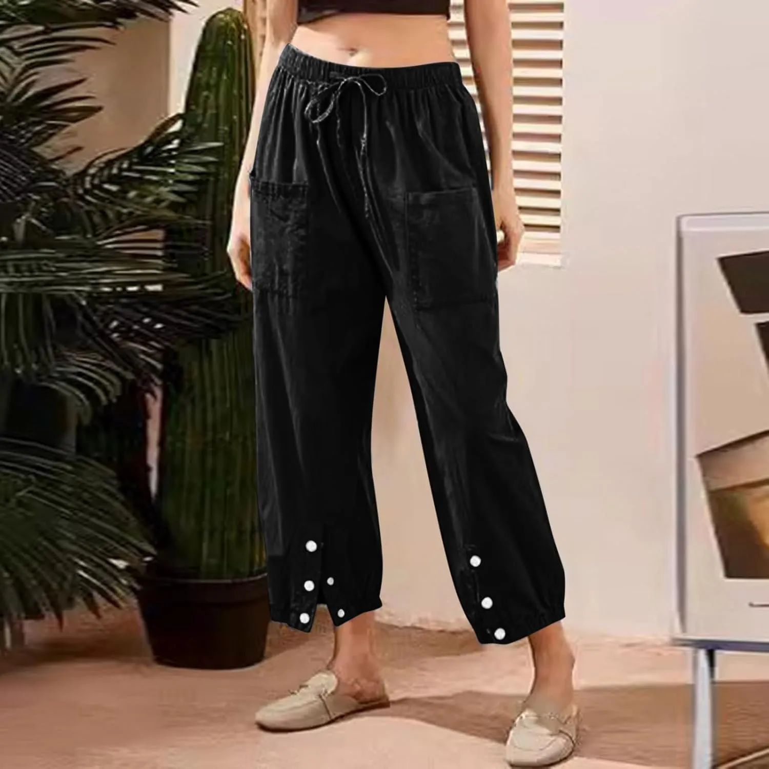 Womens Cotton Linen Summer Drawstring Palazzo Lounge Pants Low Waist Ankle Length Slim-Fit Trousers Trendy