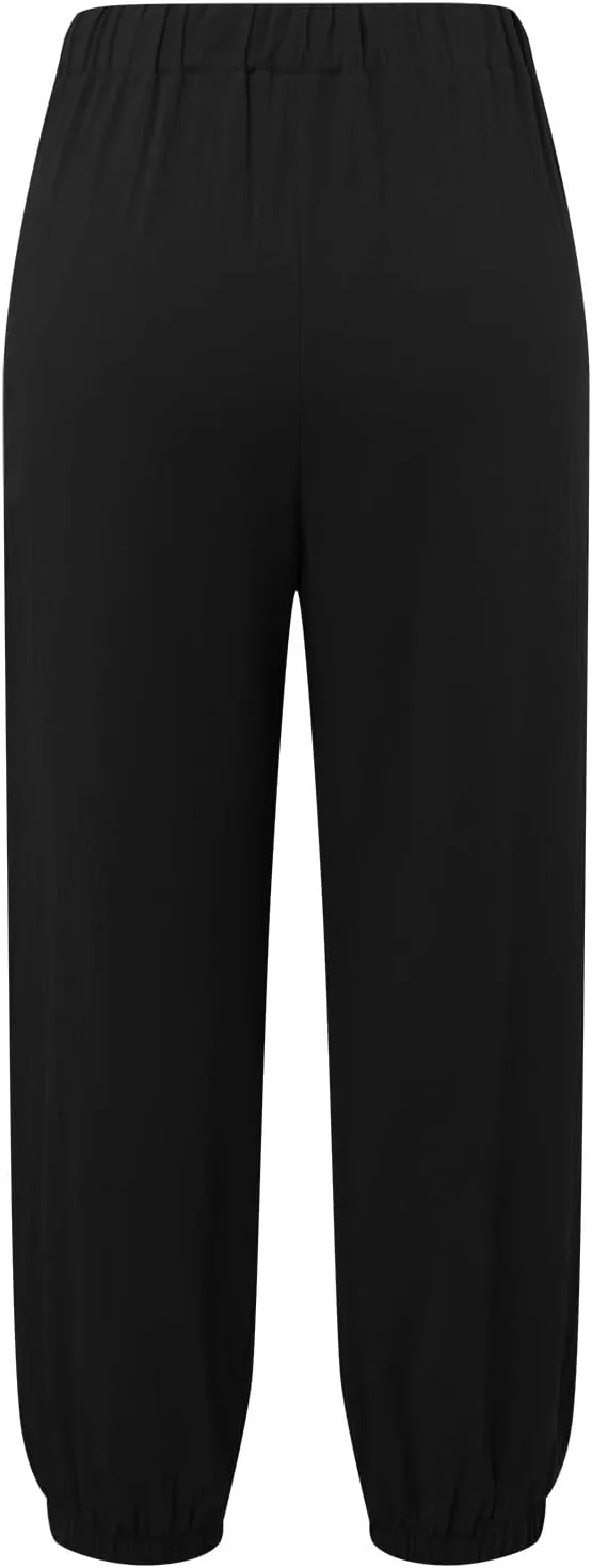 Womens Cotton Linen Summer Drawstring Palazzo Lounge Pants Low Waist Ankle Length Slim-Fit Trousers Trendy