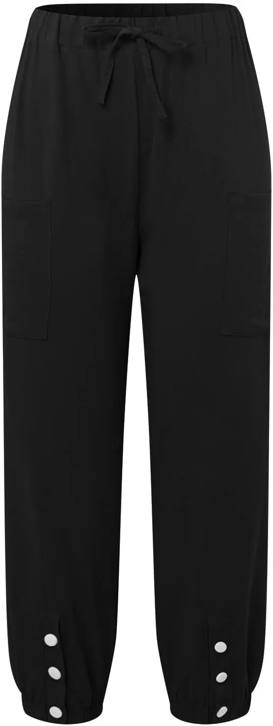 Womens Cotton Linen Summer Drawstring Palazzo Lounge Pants Low Waist Ankle Length Slim-Fit Trousers Trendy