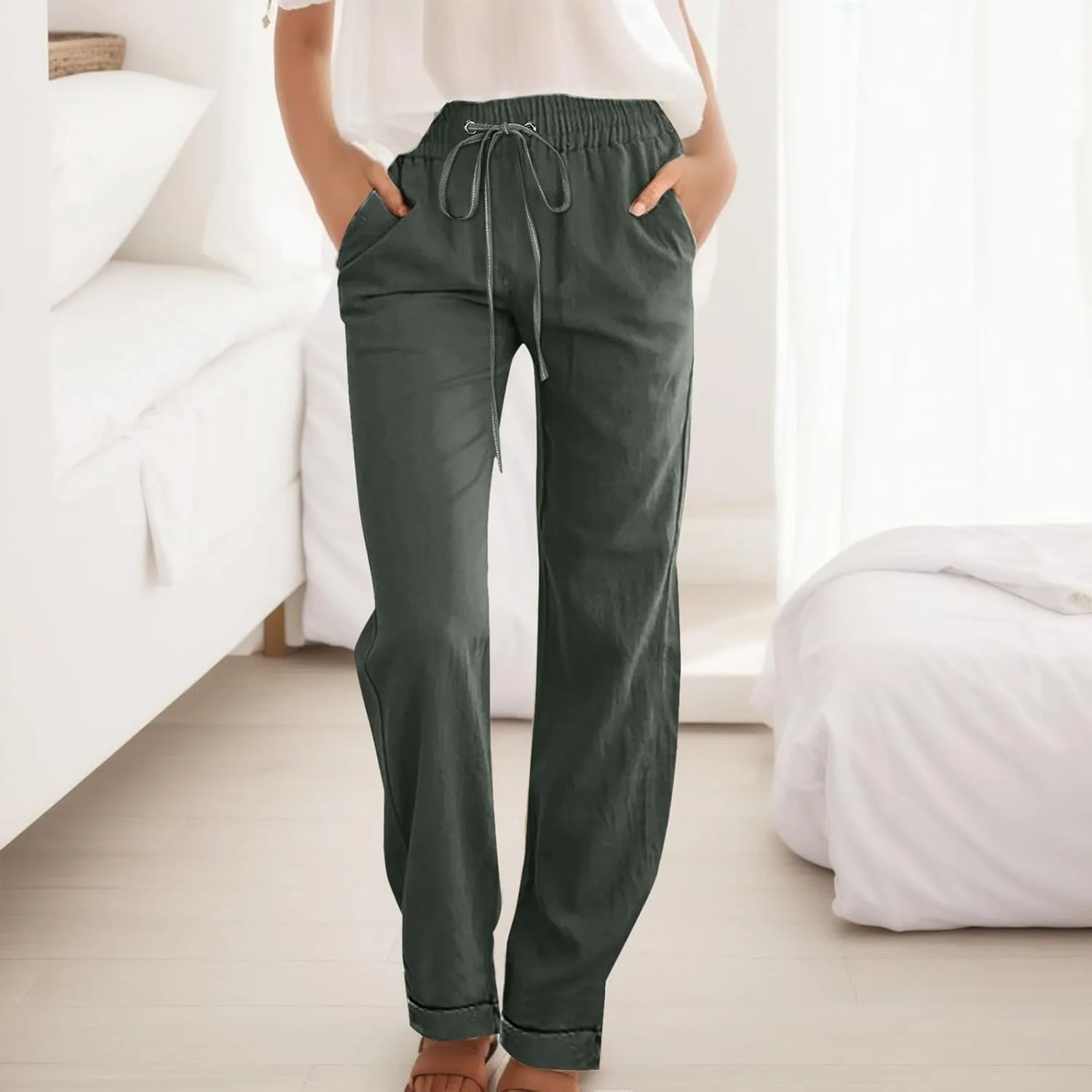 Women's Cotton Linen Summer Drawstring Palazzo Pants High Waist Lounge Pants Plus Size Pant Trousers Vacation