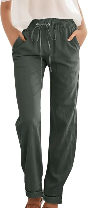 Women's Cotton Linen Summer Drawstring Palazzo Pants High Waist Lounge Pants Plus Size Pant Trousers Vacation