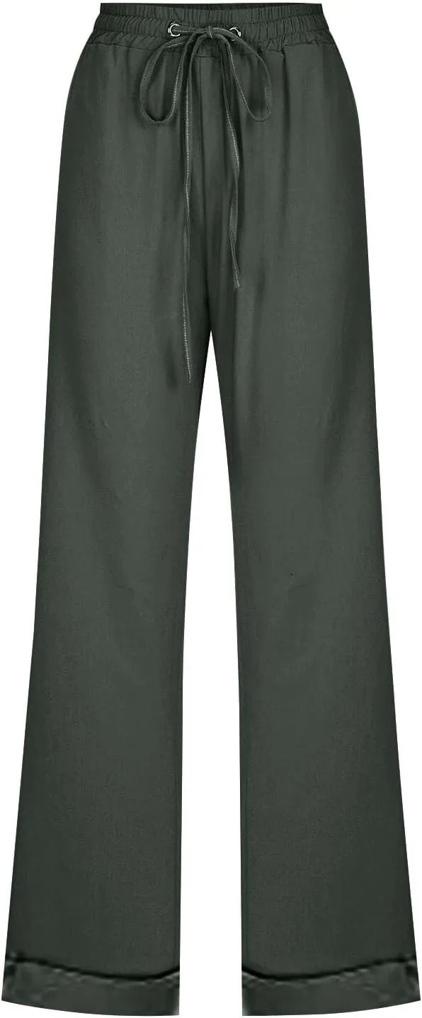 Women's Cotton Linen Summer Drawstring Palazzo Pants High Waist Lounge Pants Plus Size Pant Trousers Vacation