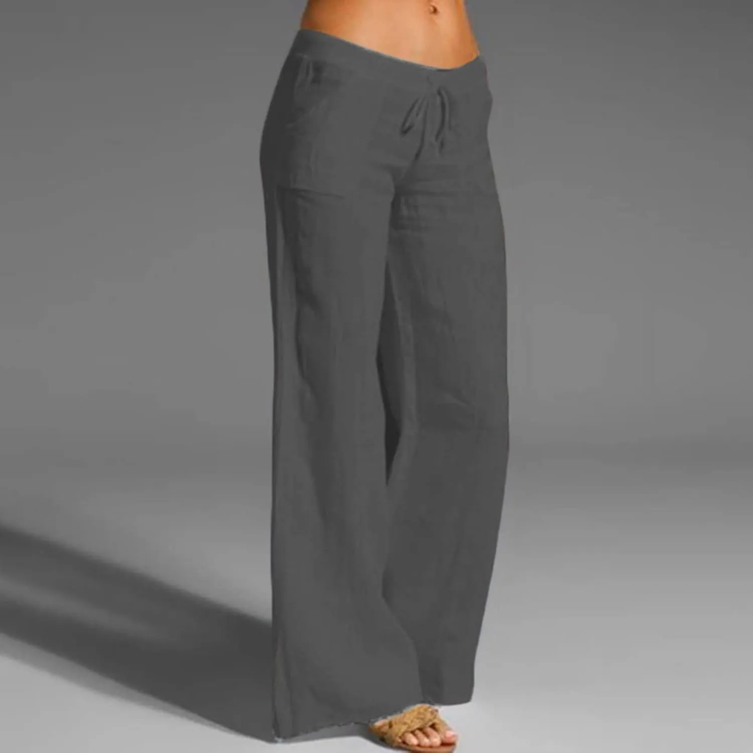 Women's Cotton Linen Summer Floral Palazzo Lounge Pants Elastic Waisted Ankle Length Slim-Fit Trousers Travel