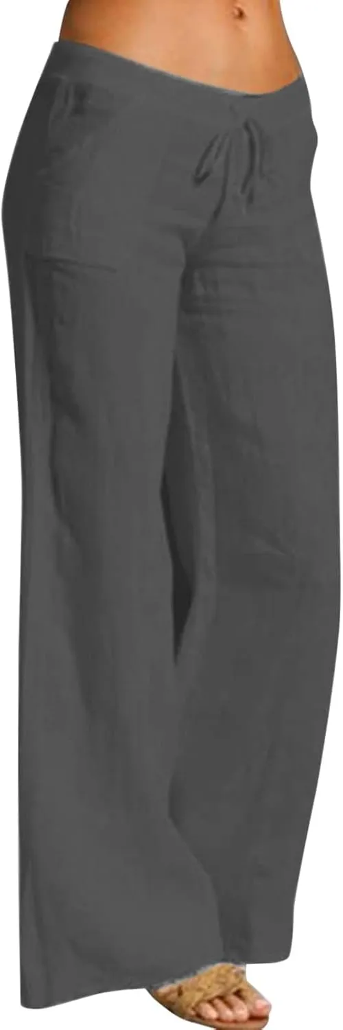 Women's Cotton Linen Summer Floral Palazzo Lounge Pants Elastic Waisted Ankle Length Slim-Fit Trousers Travel