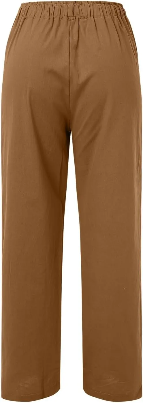 Women's Cotton Linen Summer Floral Palazzo Pants Low Waist Lounge Pants Slim-Fit Trouser Trendy