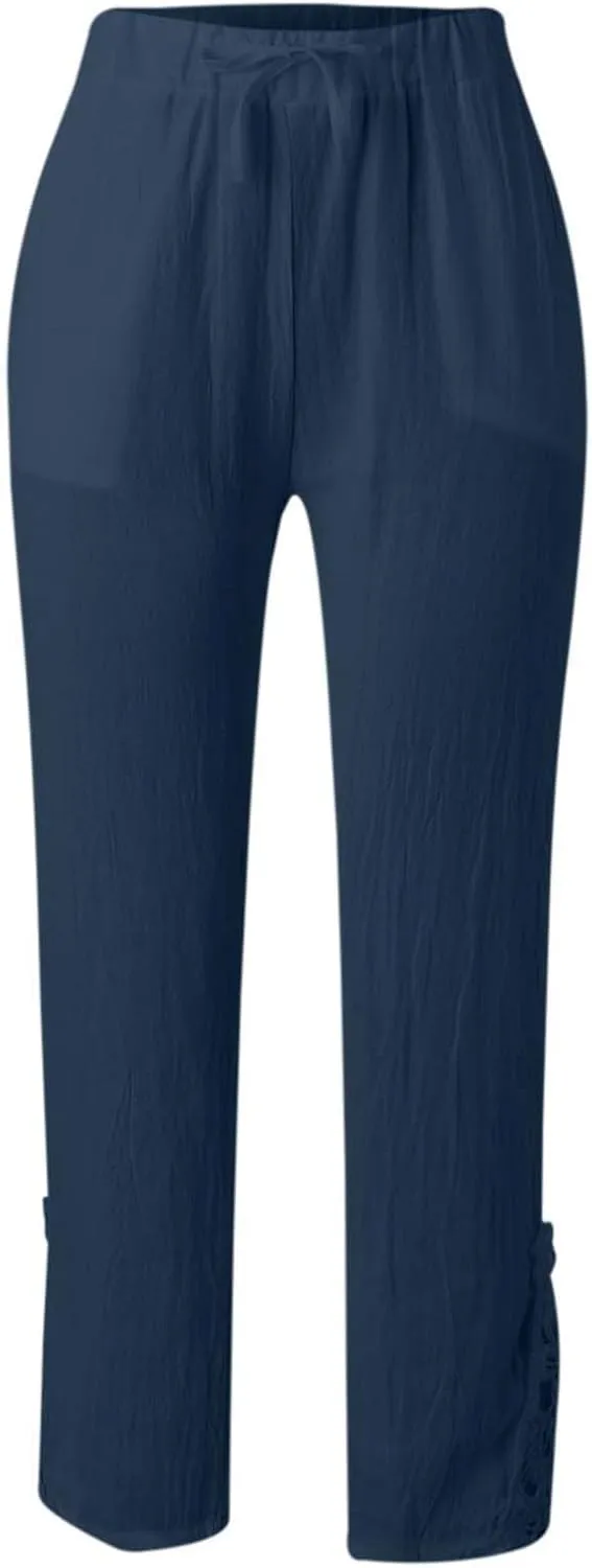 Womens Cotton Linen Summer Flowy Palazzo Pants Elastic Waist Bootcut Plus Size Palazzo Pants Trendy