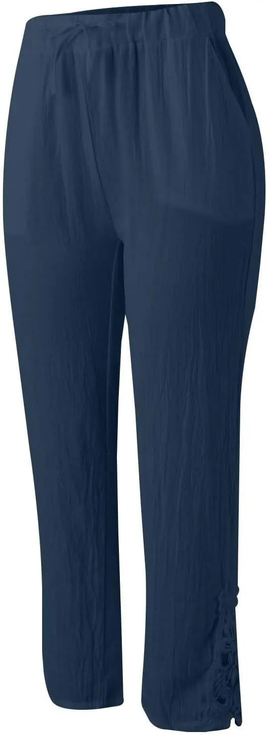 Womens Cotton Linen Summer Flowy Palazzo Pants Elastic Waist Bootcut Plus Size Palazzo Pants Trendy