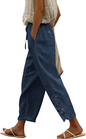 Womens Cotton Linen Summer Flowy Palazzo Pants Elastic Waist Bootcut Plus Size Palazzo Pants Trendy
